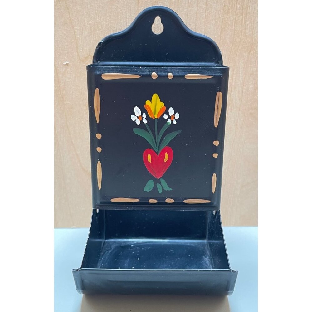 Vintage Black Hand-Painted Metal Wall-Mounted Kitchen Match Holder With Floral D